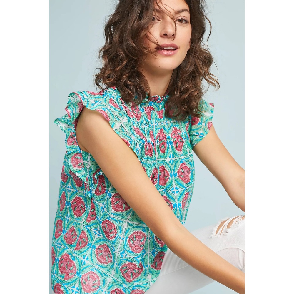Banjanan Helena Ruffled Blouse Sleeveless Green Floral Block Print Cotton Top L